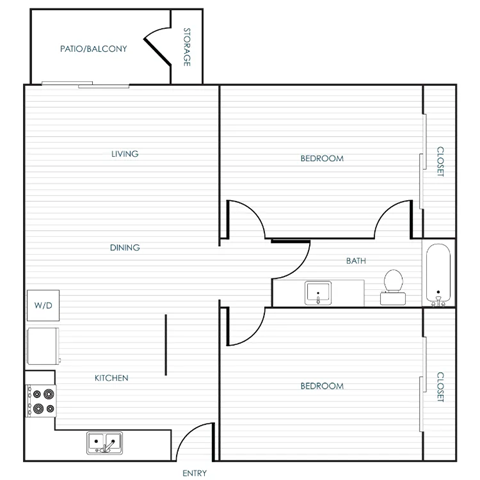 Floor plan for 2 beds, 1 bath, 725 sqft